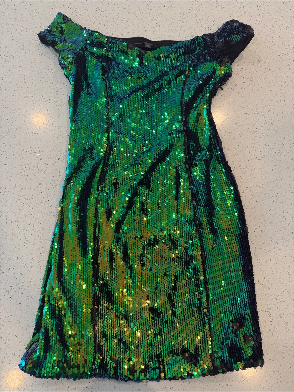 Guess off the shoulder iridescent sequin mini dress